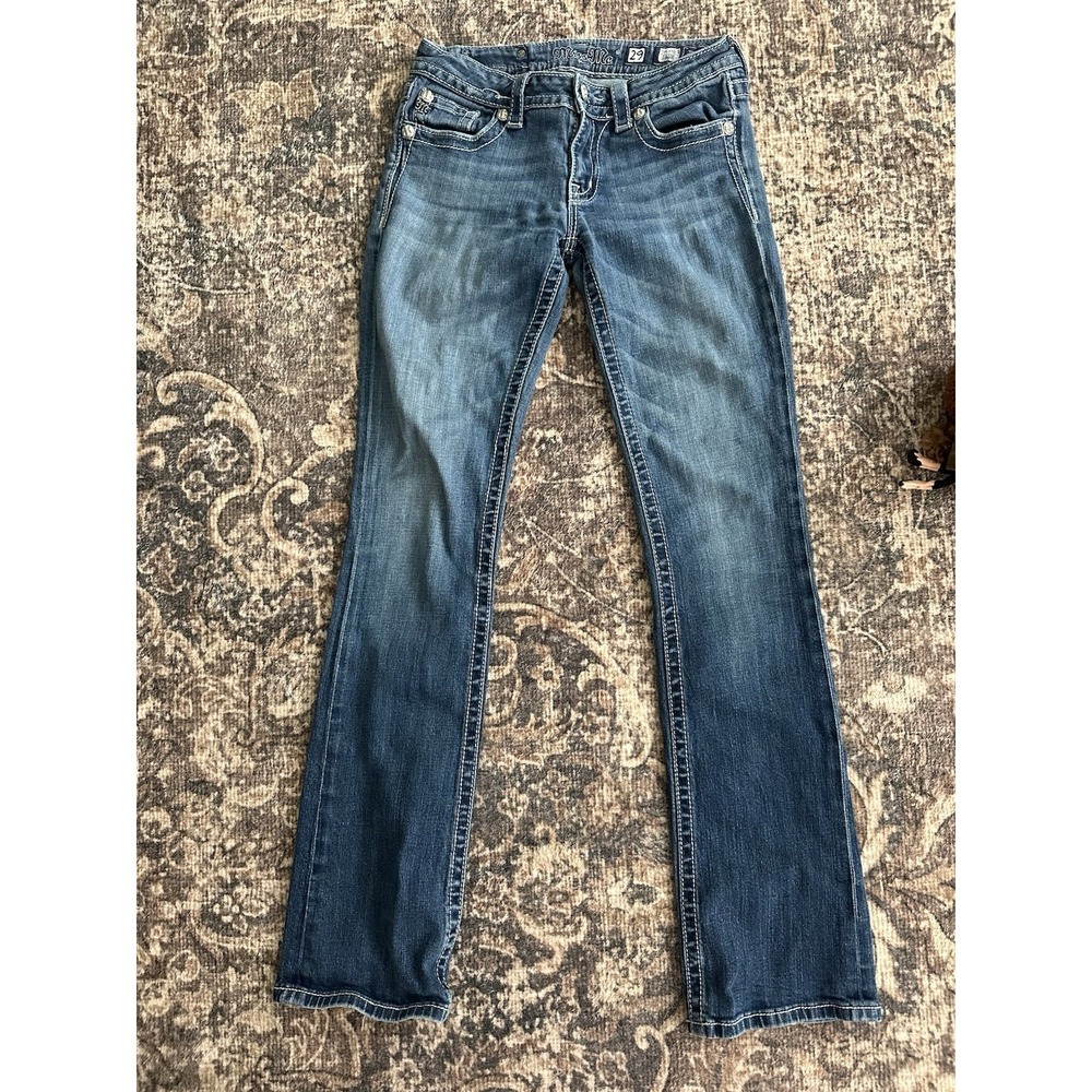 Miss Me Straight JP5076-2 Boot Cut Rhinestones Studded Blue Denim Jeans Women 29
